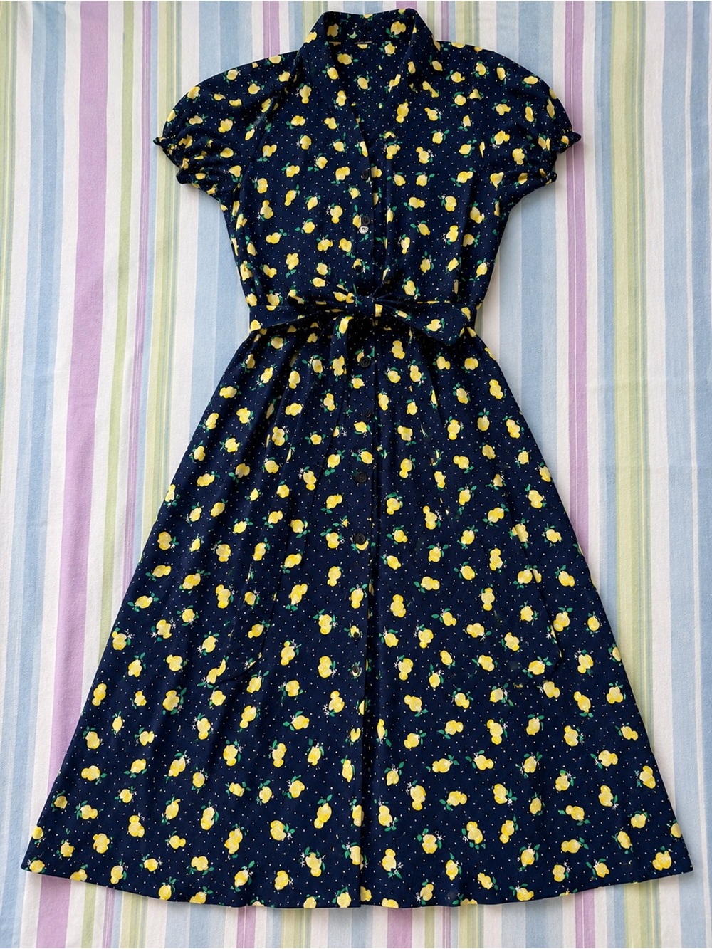 Talbots Navy Dotted Lemon Button-Front Puff Sleeves Elastic Waist Tie Belt